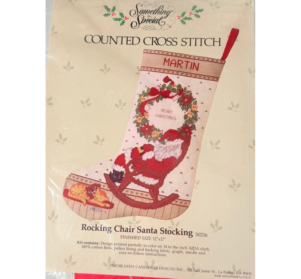 Vintage Candamar Rocking Chair Santa & Cat Christmas Stocking Cross Stitch Kit